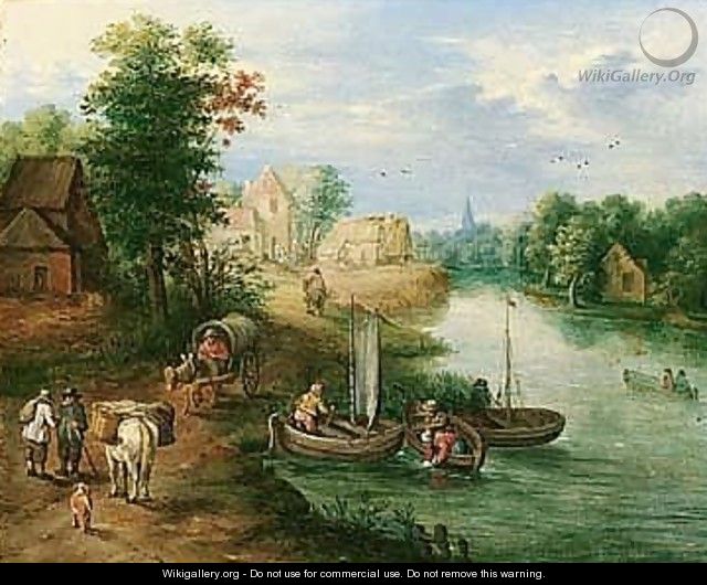 A View Of A Riverside Village With Fishermen And Travellers On A Path - Theobald Michau