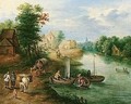 A View Of A Riverside Village With Fishermen And Travellers On A Path - Theobald Michau