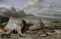 A Beach Scene With Rays, Eels, A Hermit Crab, Red Mullet, A Tortoise, And Other Fish - Jan van Kessel