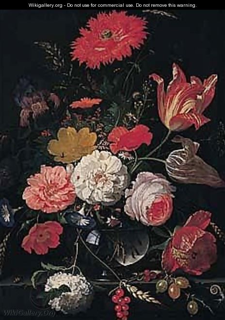 A Still Life Of Tulips, Roses, A Peony, An Iris, Several Varieties Of Poppy, Daisies, A Snowball, Convolvulus, Cow-parsley, Ears Of Corn In A Glass Vase On A Stone Ledge - Abraham Mignon