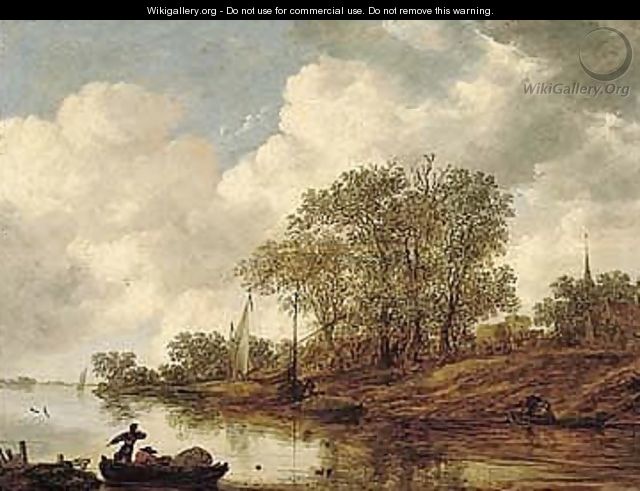 A River Landscape With Hay Barges Moored Near A Village - Jan van Goyen