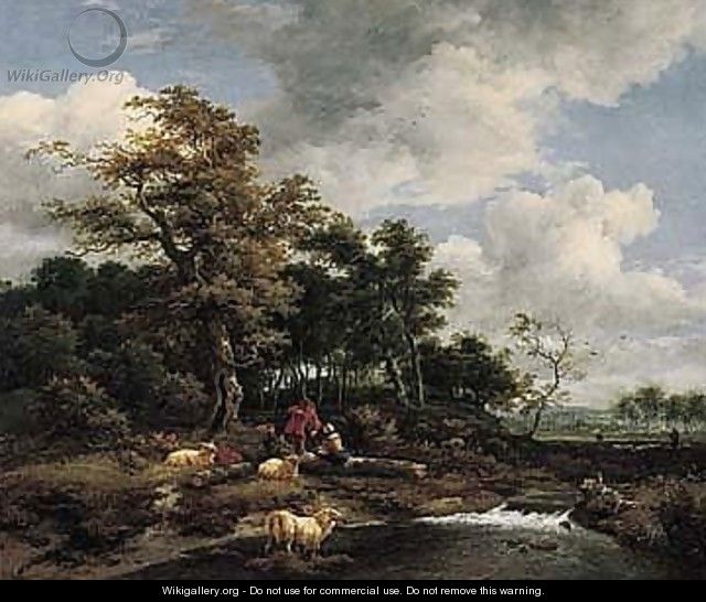 A Wooded Landscape With A Shepherd And Shepherdess Resting With Their Flock By A River - Jacob Van Ruisdael