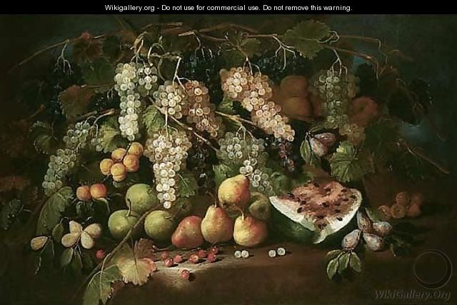 Still life of red and white grapes, together with pears, cherries, plums, peaches, medlars and apples, upon a ledge - (after) Maximilian Pfeiler