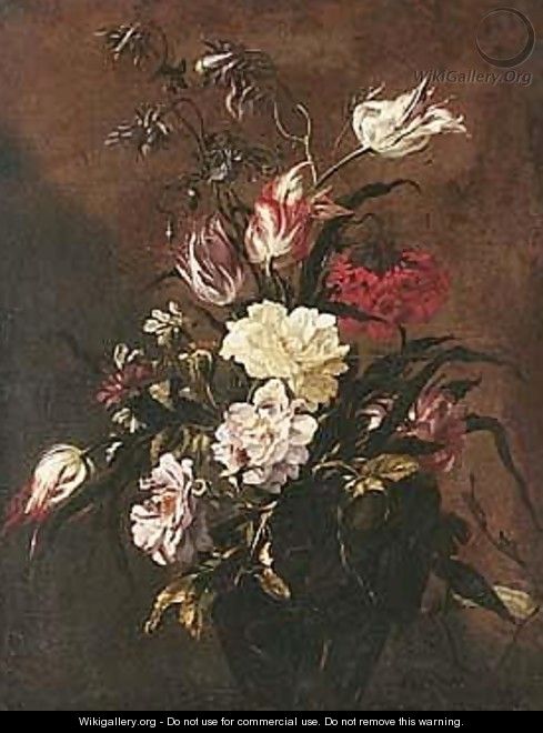Still Life Of Roses, Variegated Tulips, And Other Flowers, In A Glass Vase - dei Fiori (Nuzzi) Mario