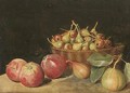Still Life Of Crabapples In A Basket, Together With Apples And Pears, Upon A Stone Ledge - Jacob Samuel Beck