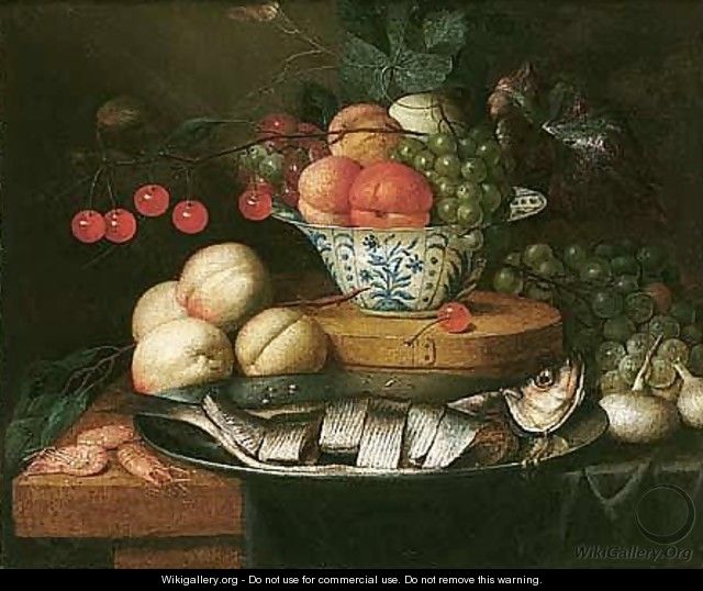 Still Life Of Fruits In A Blue And White Bowl, Together With Peaches, Grapes, Prawns, Onions And Herring On A Pewter Dish On A Table Partly Draped With A Blue Cloth - Jan Pauwel Gillemans The Elder