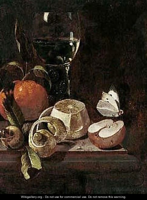 Still Life Of A Roemer, An Orange, Lemon, A Medlar, An Apple And A Cabbage White Butterfly, Upon A Stone Ledge - Marten Nellius