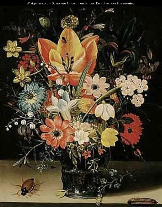 Still life of tulips, carnations, daisies, irises, narcissi, lily of the valley and other flowers in a glass vase - (after) Peter Paul Binoit