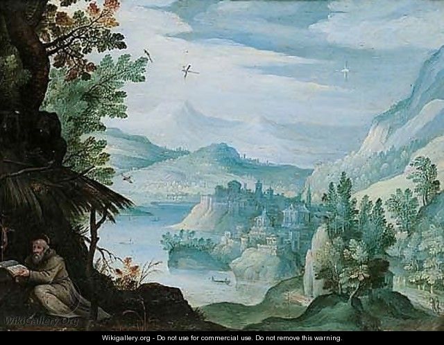A hermit Saint in a river landscape, a town in the distance - (after) Paul Bril