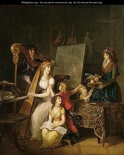 An Interior With A Lady Seated, Playing A Harp, A Young Man Standing Behind, Playing The Violin, Children And A Maid Carrying A Basket Of Fruit Nearby - Michel Garnier