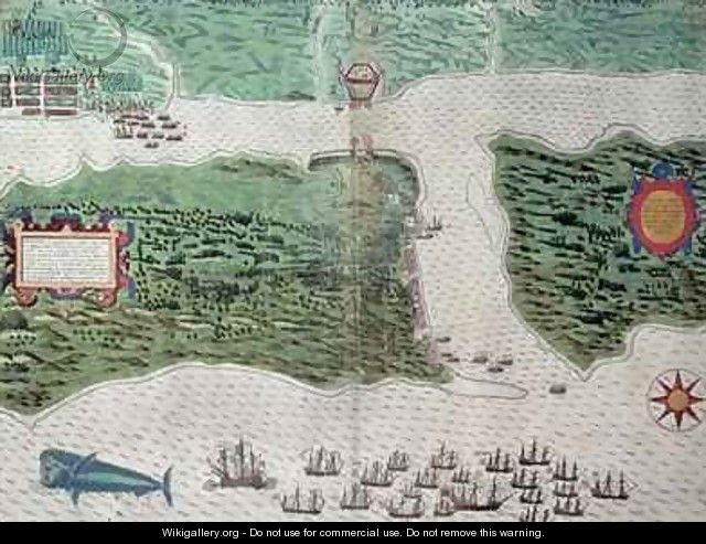 Map depicting the destruction of the Spanish colony of St. Augustine in Florida on 7th July 1586 by the English fleet commanded by Sir Francis Drake (1540-96) - Baptista Boazio