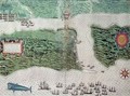 Map depicting the destruction of the Spanish colony of St. Augustine in Florida on 7th July 1586 by the English fleet commanded by Sir Francis Drake (1540-96) - Baptista Boazio