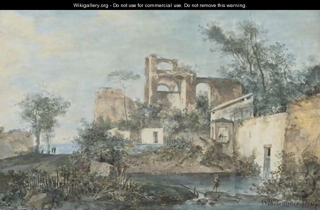 An Italianate Landscape With Ruins, A Traveller By A Pool Of Water In The Foreground - (after) Louis-Gabriel Moreau (Moreau L
