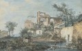 An Italianate Landscape With Ruins, A Traveller By A Pool Of Water In The Foreground - (after) Louis-Gabriel Moreau (Moreau L'aine)