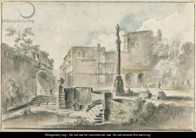 View Of A Piazza With An Obelisk By The Walls Of A City, Washerwomen In The Foreground - Jean-Baptiste Lallemand
