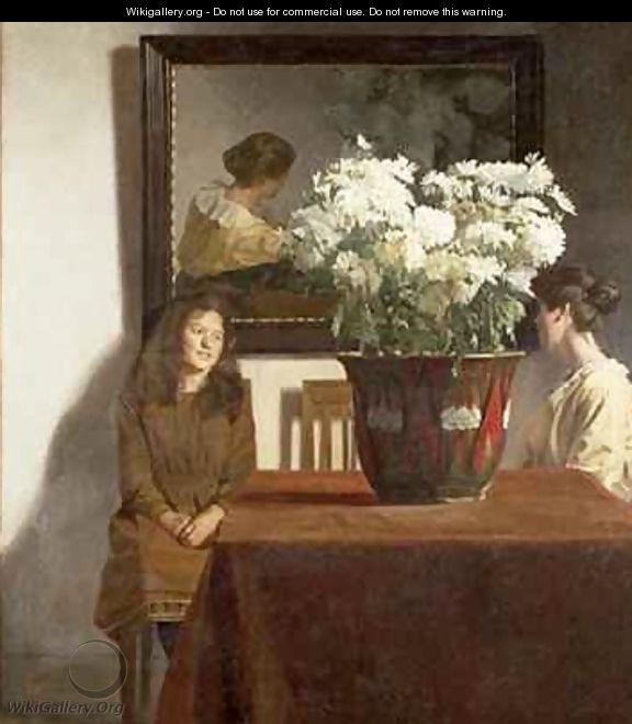 Figures with a Bowl of White Chrysanthemums - Gustav Wilhelm Blom