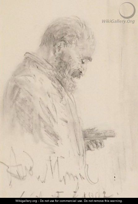 Study Of A Man Holding A Sketch Pad And A Box Of Pencils - Adolph von Menzel