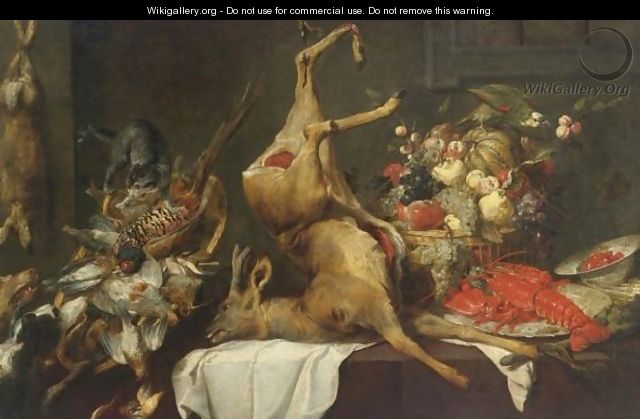 Game Still Life With Birds, A Deer And A Hare, With A Basket Of Fruit, A Lobster On A Plate And Other Objects On A Draped Table With A Cat, Two Dogs And A Parrot - (after) Frans Snyders