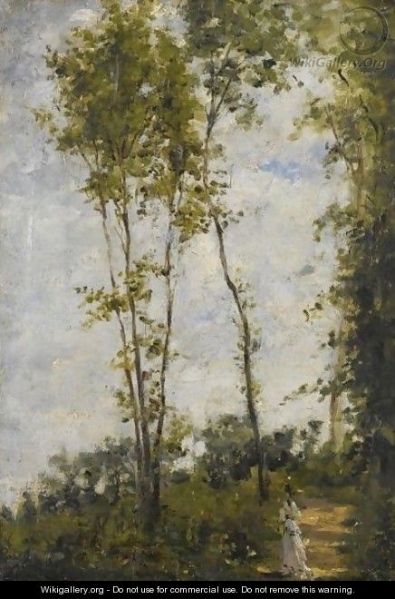 Woman Strolling Along A Wooded Path - French School