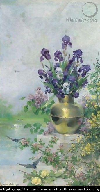 A Vase Of Irises On The Terrace - Louise Abbema