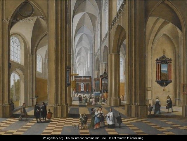 The Interior Of A Gothic Cathedral With Elegant Figures Strolling And Others Attending A Mass - Pieter Neefs The Elder, Frans The Younger Francken