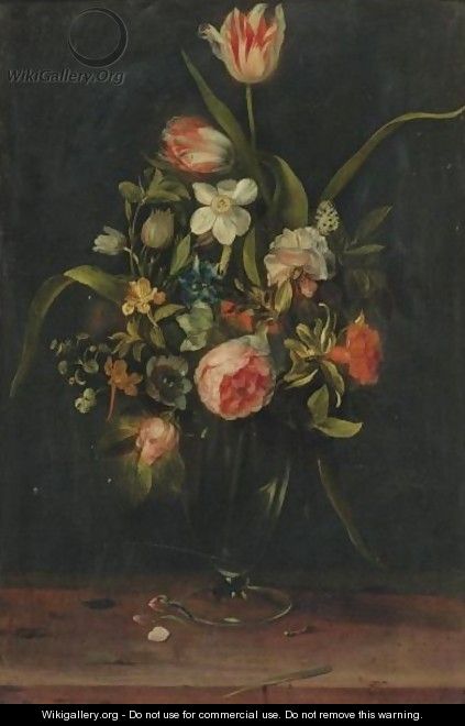 Still Life Of Roses, Tulips, Narcissus And Other Flowers In A Glass Vase - Frans Ykens