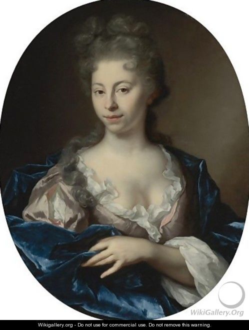 Portrait Of A Lady, Half Length, Wearing A Pink Dress With A Blue Wrap - Arnold Boonen