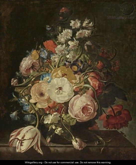 A Still Life Of Roses, A Tulip, Hyacinths, Morning Glories And Other Flowers In A Vase, Resting On A Stone Ledge - Rachel Ruysch