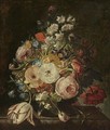 A Still Life Of Roses, A Tulip, Hyacinths, Morning Glories And Other Flowers In A Vase, Resting On A Stone Ledge - Rachel Ruysch