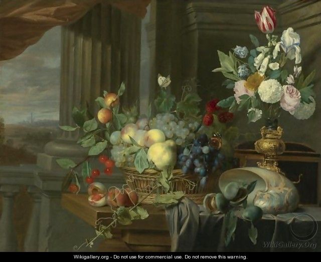 Still Life Of A Basket Of Fruit, Flowers In A Gilt Vase, A Nautilus Shell And Other Objects On A Draped Table Near An Open Window - Carstian Luyckx