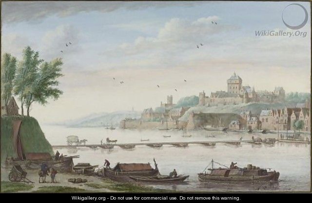 View Of Nijmegen, With Boatmen Loading Barges In The Foreground - Abraham Rademaker