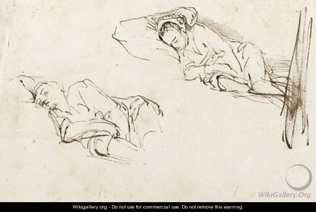 Two Studies Of A Woman Asleep On A Pillow - (after) Harmenszoon Van Rijn Rembrandt
