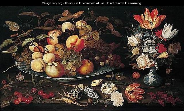 A Still Life Of Apples, Grapes, And Peaches In A Blue-and-white Porcelain Bowl, A Bouquet Of Tulips, Roses, Irises, Lily-of-the-valley And Other Flowers In A Blue-and-white Porcelain Vase, Both On A Stone Ledge - Balthasar Van Der Ast
