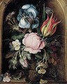 A Still Life Of An Iris, A Tulip, A Rose, Moss-roses And Other Flowers And Plants In A Glass Vase, Flanked By A Lizard And A Dragonfly, All Within A Stone Niche - Roelandt Jacobsz Savery