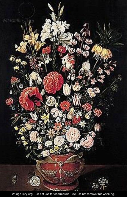 Still Life Of Roses, Tulips, Lilies, Crown Imperial, Poppies, Irises, Narcissi, Anemones, Carnations, Columbine, Hyacinth, Snowdrop, Cyclamen, Fritillary, Love-in-a-mist, Forget-me-not, And Other Flowers In An Ornamental Vase - Isaak Soreau