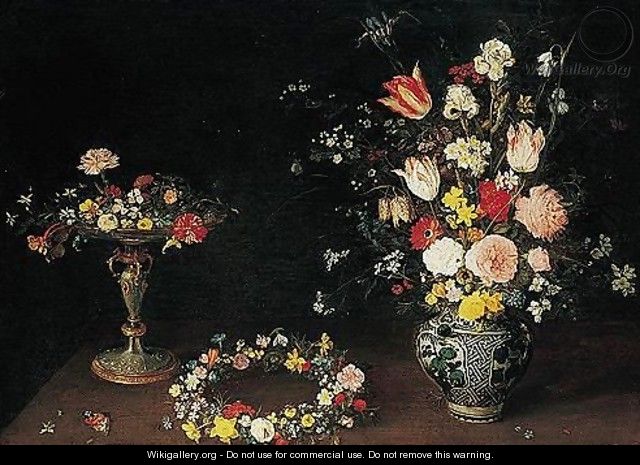 A Still Life Of Flowers In A Tazza, A Garland Of Flowers On A Table, And Roses, Tulips, Irises And Other Spring And Summer Flowers In A Wan-li Porcelain Vase, All On A Ledge - Jan, the Younger Brueghel