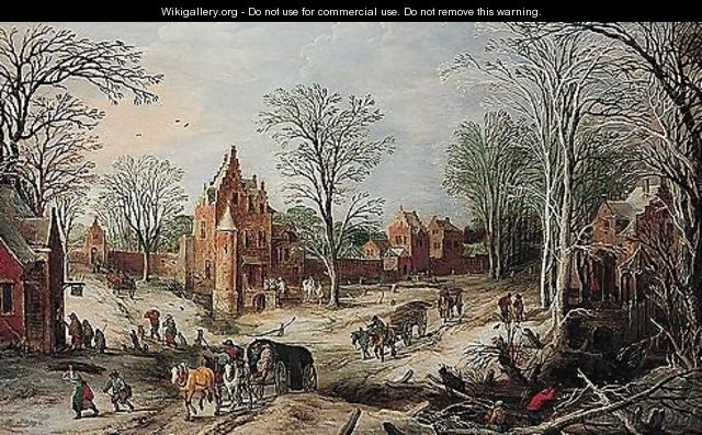 A winter landscape with a cart on a wooded road and a village beyond - Joos De Momper