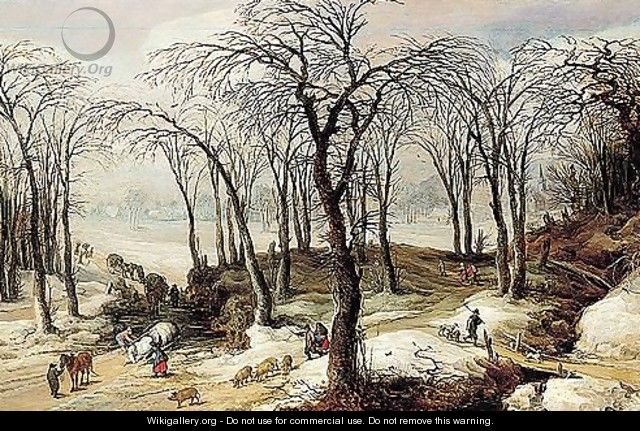 A winter landscape with an overturned horse-drawn cart, and figures driving a herd of pigs down a track - Joos De Momper