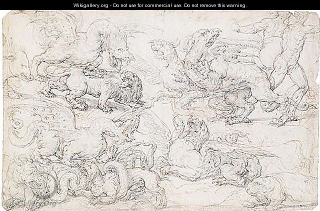 A sheet of studies of fantastical animals fighting, with two running figures to the right - Florentine School