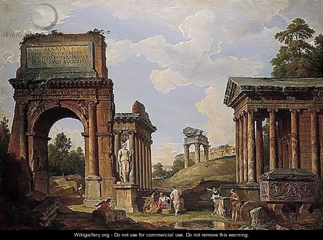A Capriccio Of Roman Ruins And Monuments, Including The Arch Of Titus, The Farnese Flora, The Temples Of Saturn, Vespasian And Fortuna Virilis - Giovanni Paolo Panini
