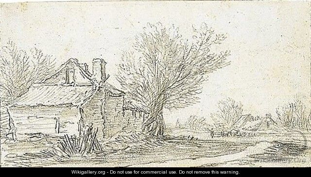 A Sketchbook Sheet A Cottage Beside Trees To The Left, And A Path To The Right And Other Cottages And Animals Behind - Jan van Goyen