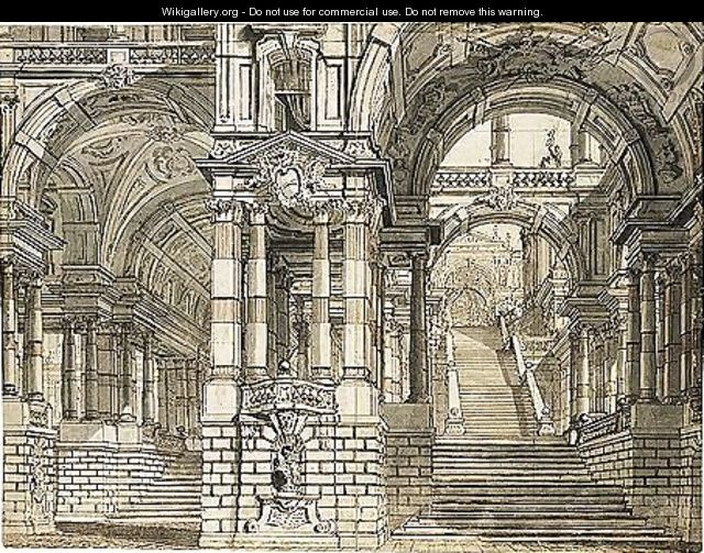 A Colonnaded Interior With Twin Stairs And Many Arches - (after) Giuseppe Galli Bibiena
