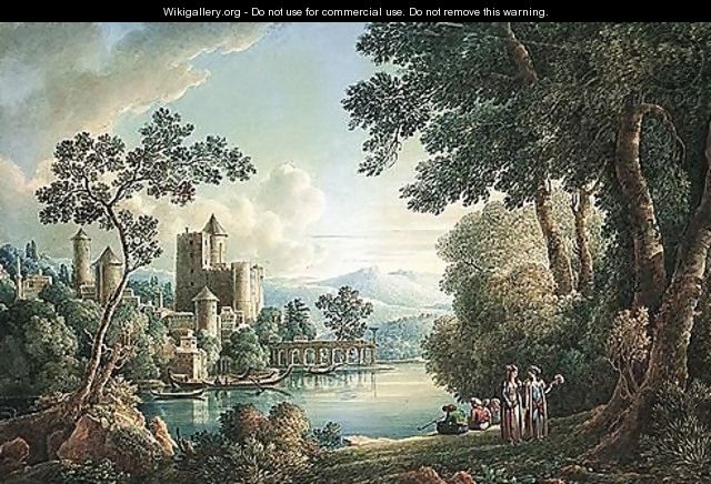 A Capriccio View With Turkish Figures By A Lake, A City With A Fortress And A Minaret On The Other Bank - Louis Francois Cassas
