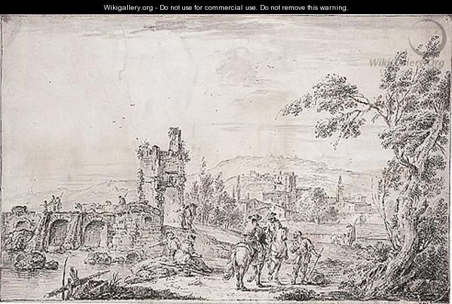 A Landscape With Peasants By A Bridge, And A Town In The Background - Giuseppe Zais