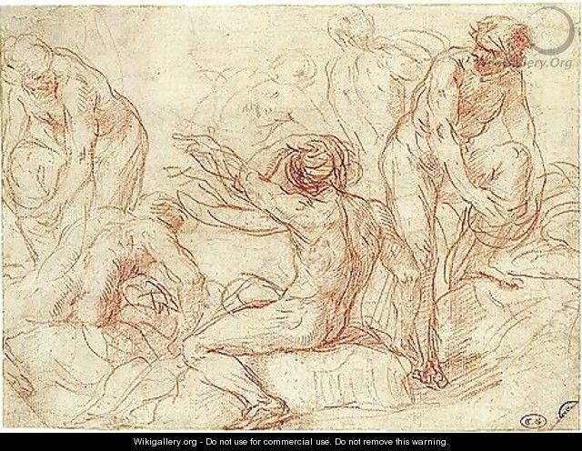 Studies Of Male Nudes For A Bathing Scene - Simone Cantarini (Pesarese)