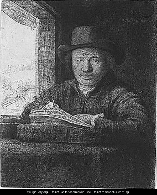Self portrait drawing at a window 2 - Rembrandt Van Rijn
