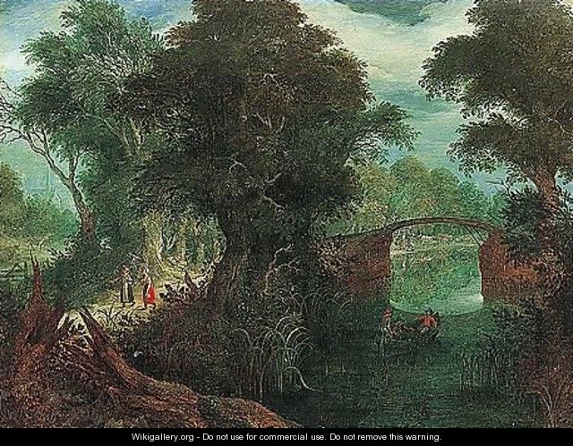 A Wooded River Landscape With Travellers Passing By A Bridge - Abraham Govaerts