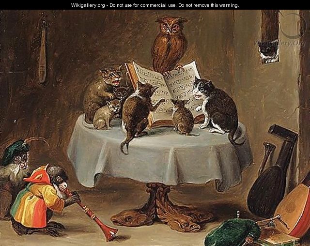 A Musical Concert With A Feline Choir And A Monkey Playing An Oboe - (after) Ferdinand Van Kessel