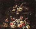 A Still Life Of Grapes And Plums On A Silver Dish, Together With Roses, Narcissi And Tulips - Giuseppe Vincenzino