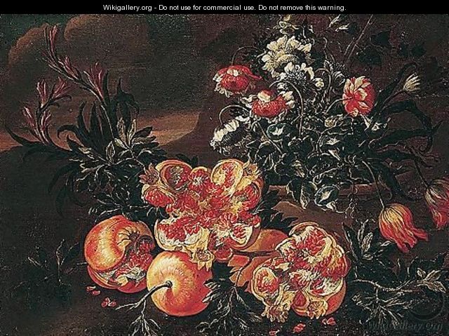 Still life of pomegranates, with tulips, morning-glory and chrysanthemums in a stone pot - (after) Nicola Casissa